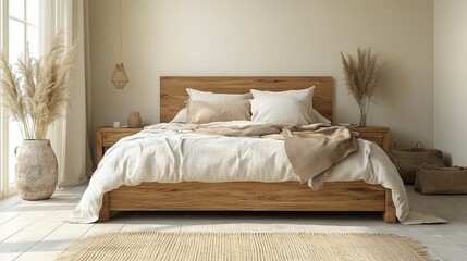 Modern beige bedroom with wooden bed, cozy pillows, and an empty white wall perfect for mockups. 