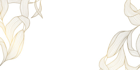 Vector art deco leaves, swirls organic shape frame. Line floral abstract frame, golden corners for decoration. Wedding template, copper ornament, package illustration.