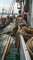 Obraz premium Close-up of nautical ropes on a ship's deck.