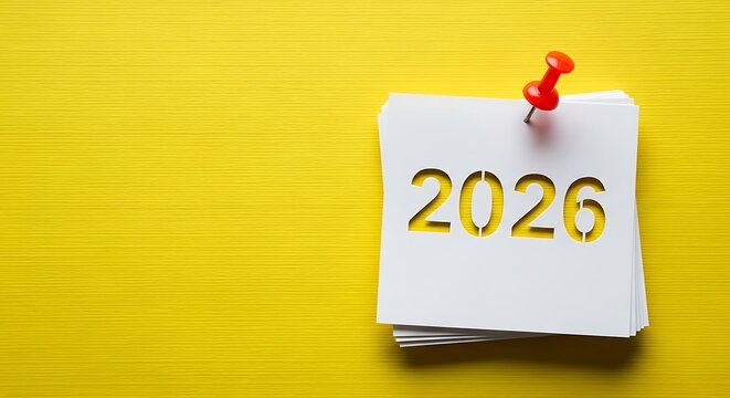 Year 2026 cut out on white paper with red pushpin