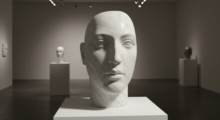 White marble sculpture of a stylized head on a pedestal in a dimly lit museum with other busts