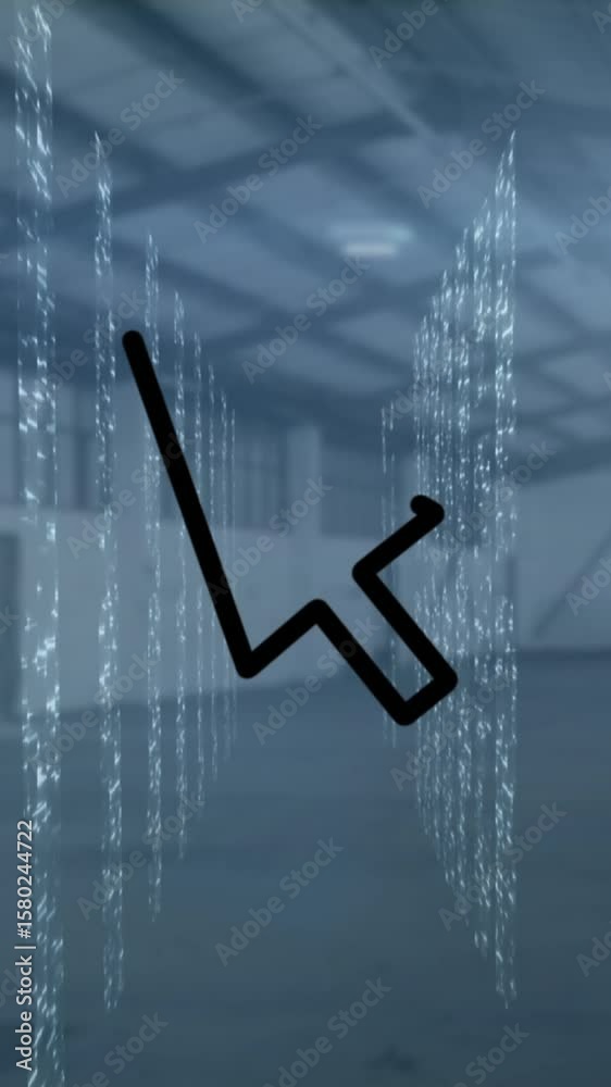 Poster animation of arrow cursor icon over multiple screens of mosaic squares against empty warehouse