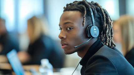 Side view of a young male translator with braided hair, adjusting mic while interpreting live at a UN-style forum
