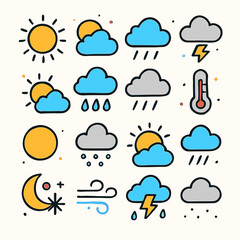 Obraz premium Weather Icons Set: Sunny, Cloudy, Rainy, Stormy, Windy, Temperature. Generated image