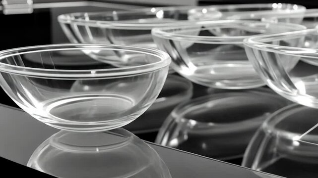 Clear glass bowls arranged on a dark surface