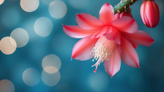 Close-up Red Christmas Cactus Bloom Hanging on Blue Background, Macro Plant Detail for Festive Nature Design.