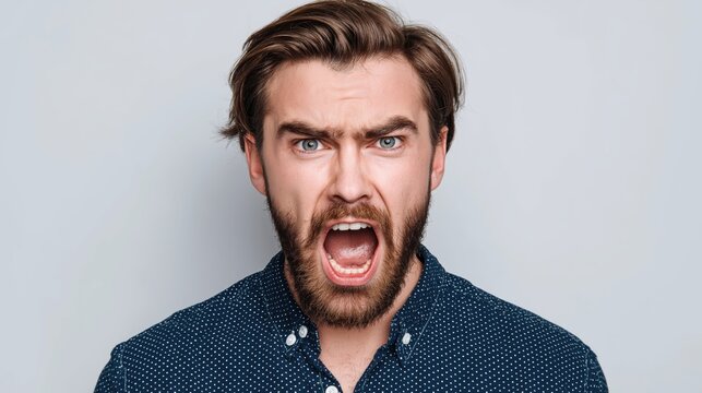Man with beard and blue eyes shouting loudly with furrowed brow and open mouth, expressing intense emotion against plain light background in casual dark shirt