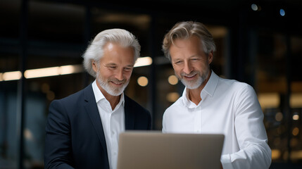 Fototapeta premium Senior Professionals Collaborating on a Project with Laptop in Office