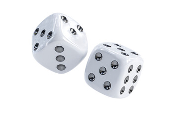 Two white dice with silver dots falling.