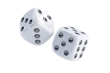 Two white dice with silver dots falling.