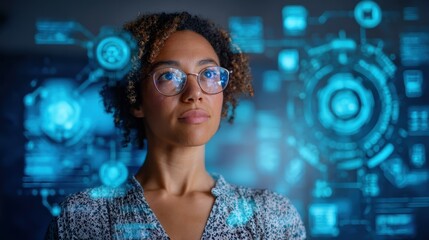 A thoughtful woman analyzes digital data on a futuristic screen, showcasing the intersection of technology and insight.
