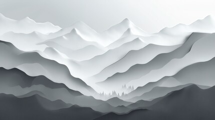 Fototapeta premium Monochrome layered paper cut style mountain landscape with soft gray and white tones creating calm and serene atmosphere in minimalist design