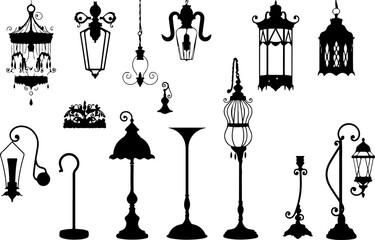 Silhouetted vector illustrations of lanterns and lamps