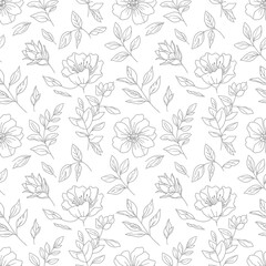 Fototapeta premium Seamless botanical pattern with hand-drawn linework flowers and leaves