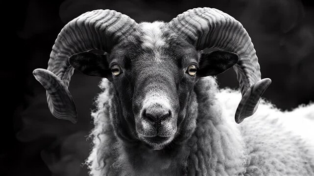 Monochrome Portrait of a Black and White Ram with Detailed Horns Against Blurred Dark Background Showing Wool Face and Unique Features in Grayscale