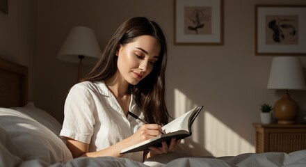 Young woman in white pajamas writing in a journal in a sunlit bedroom
