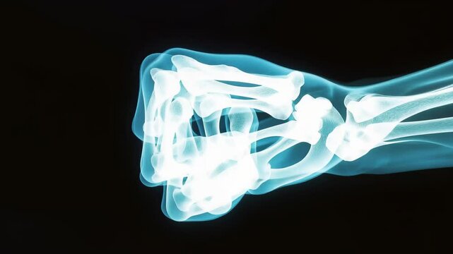 X-ray image of a human hand showing skeletal structure and bone arrangement in detail