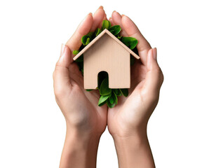 top down view hand holding house mockup, sustainable concept, green background