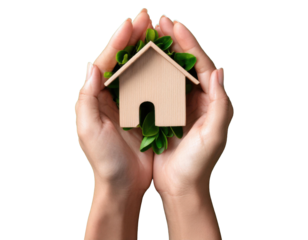 top down view hand holding house mockup, sustainable concept, green background