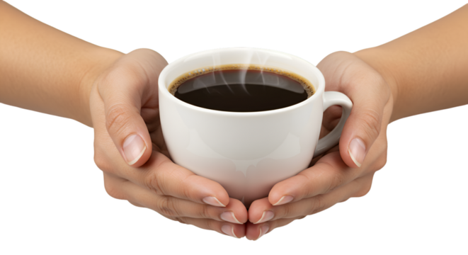 Isolated PNG Two Hands Holding Hot Cup of Coffee With White Mug - Powered by Adobe