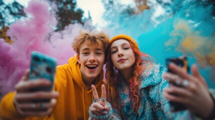 Teenagers recording a vlog together on smartphones in a park, high-energy
