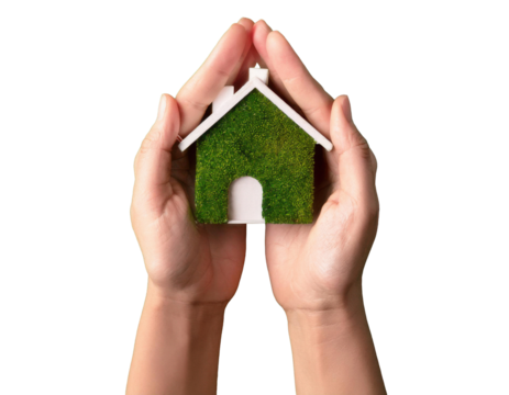 top down view hand holding house mockup, sustainable concept, green background