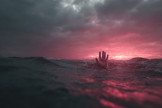 Hand reaching out from turbulent sea under ominous sky