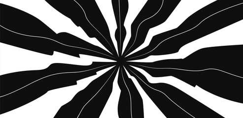 Abstract wavy radial lines on black background. Flash explosion radial lines abstract comic book, anime style. Bright white light thunder burst. Black and white vector illustration.