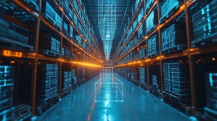 Obraz premium AI-controlled smart warehouse glowing with automated inventory sorting 