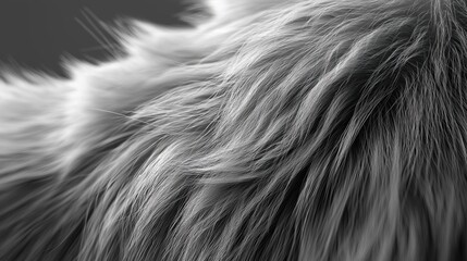 Soft fur texture in grayscale with visible strand direction, showing detailed and smooth hair flow, creating natural and cozy appearance with fine strands and gentle movement
