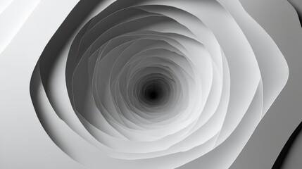 Spiraling vortex paper cut design with multi depth layers in grayscale creating abstract tunnel effect with smooth curves and shadows