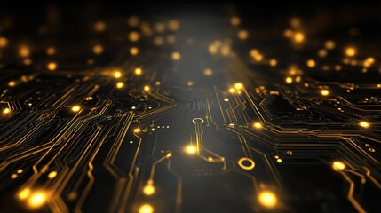 Golden circuit board pattern with glowing light points on dark background, creating futuristic and high tech atmosphere with intricate electronic pathways