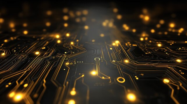 Golden circuit board pattern with glowing light points on dark background, creating futuristic and high tech atmosphere with intricate electronic pathways