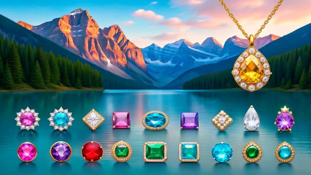 Vibrant gemstones and jewelry displayed against a stunning mountain lake landscape at sunrise
