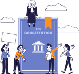 Citizens discussing and defending the Constitution. People interacting with a large law book symbolizing civil rights and justice.