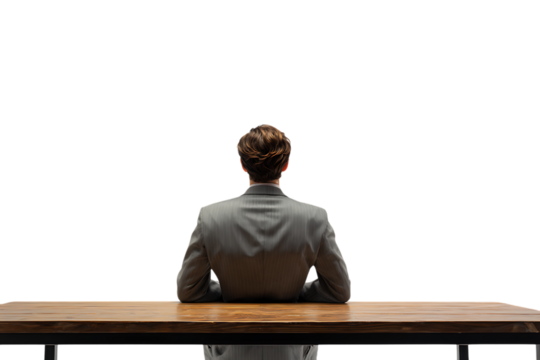 Businessman seated at a desk, viewed from behind. - Powered by Adobe
