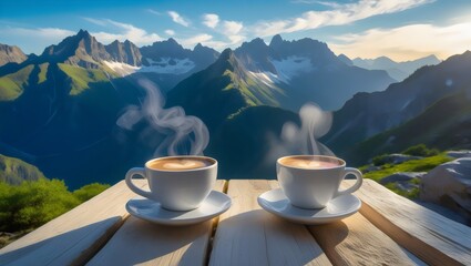  Mountain Coffee Morning: Scenic Alpine View with Steaming Cups
