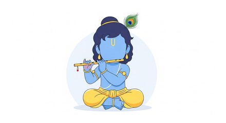 illustration of child Krishna with a flute, adorned with jewelry a peacock feather, Generative ai
