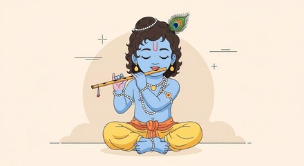 Obraz premium illustration of child Krishna with a flute, adorned with jewelry a peacock feather, Generative ai