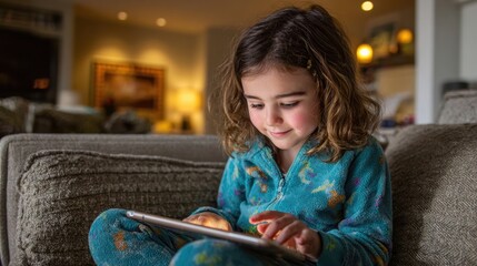 A young child happily engages with a tablet while relaxing on a cozy sofa, showcasing modern leisure and technology.