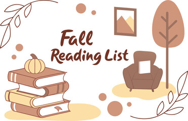 Illustration of a fall reading list with books pumpkin armchair tree and framed picture with autumn theme colors