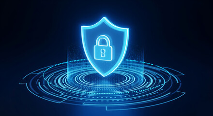 Cybersecurity concept with a glowing blue shield and padlock icon hologram. Data protection