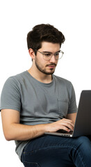 Isolated Portrait Of Man Typing On Laptop With Transparent Background
