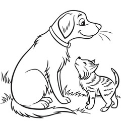 Adorable cat and dog duo: line art of furry companions. Vector hand-drawn doodle illustration black and white