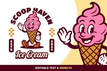 Ice Cream Retro Mascot Logo for Ice Cream Shop and Cafe. Cartoon Character Vector Illustration in Vintage Style