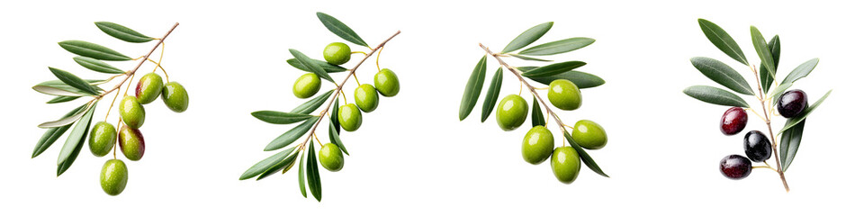 Fresh Olive Branches with Green and Black Olives on White Background