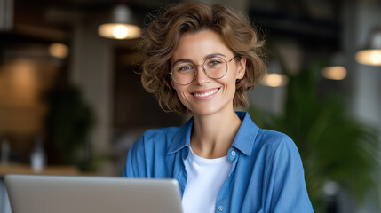 Fototapeta premium Woman on a video call in a cozy office setting with gentle light