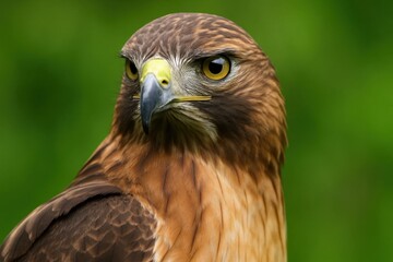 A majestic hawk gazes intently into the distance, its sharp yellow eyes reflecting a world of green
