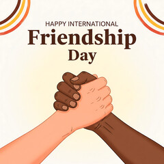 Happy International Friendship Day card with diverse hands clasped in unity