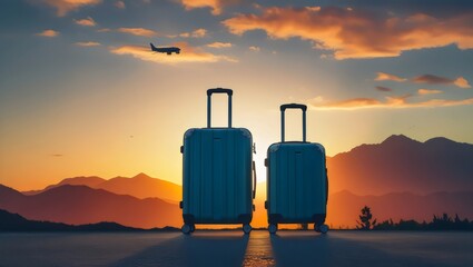 Travel Ready: Suitcases Awaiting Departure at Sunset with Airplane